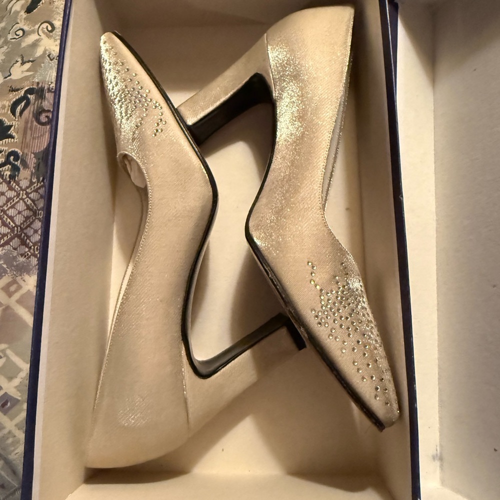 Stuart Weitzman Cream Heels with Rhinestone Detail